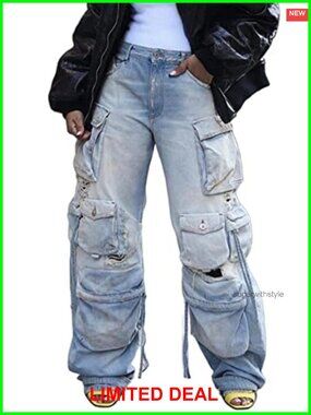 Cargo Jeans High Waisted Wide Leg Baggy Denim Pants Y2K Streetwear